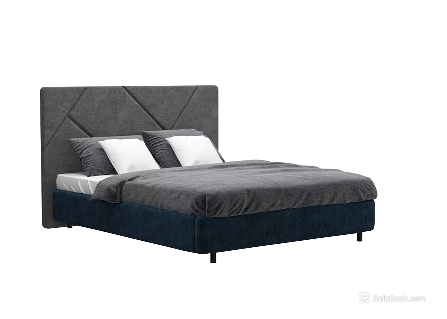 Double Bed With Grey Tufted Headboard Navy Blue Frame Grey Bedding And Pillows 3d model