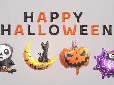 Halloween Themed Balloons Featuring Skeleton Moon Black Cat Pumpkin And Spider Web Designs 3d model