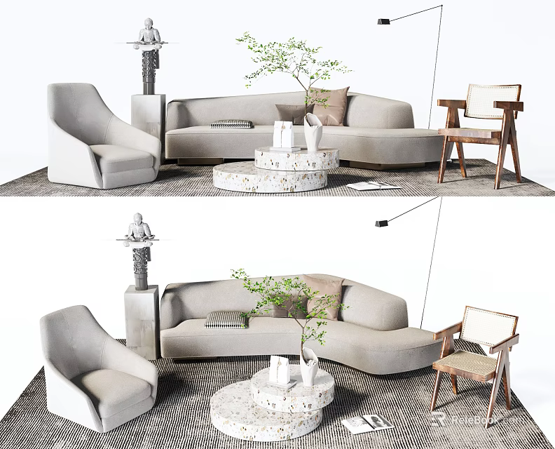 Modern Light Gray Sofa Coffee Table Set With Decorative Plants And Side Chair 3d model