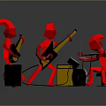 Red Cartoon Characters Performing Music With Guitars Drum And Black Speakers