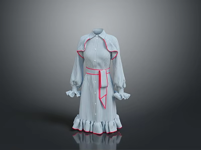 Striped Stand Collar Dress With Bishop Sleeves Ruffled Cuffs Red Belt And Ruffled Hem 3d model