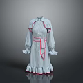 Striped Stand Collar Dress With Bishop Sleeves Ruffled Cuffs Red Belt And Ruffled Hem