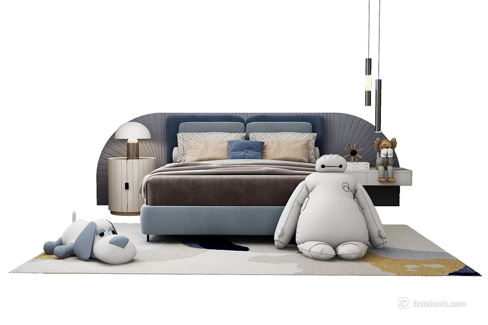 Cozy Kids Bed With Soft Upholstered Headboard Plush Toys And Wooden Nightstand Lamp 3d model 