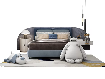 Cozy Kids Bed With Soft Upholstered Headboard Plush Toys And Wooden Nightstand Lamp 3d model