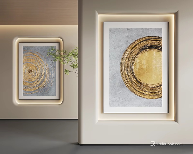 Modern Abstract Painting With Golden Circular Patterns On Gray Background Framed Wall 3d model
