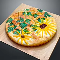 Decorated Artisan Flatbread With Fresh Green Herbs And Yellow Flower Toppings On Wooden Board