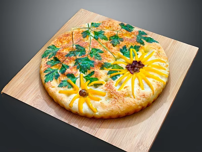 Decorated Artisan Flatbread With Fresh Green Herbs And Yellow Flower Toppings On Wooden Board 3d model