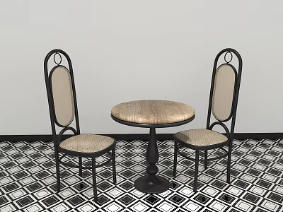 Round Dining Table Set With Black Frame Chairs Light Colored Seats On Geometric Tiles 3d model