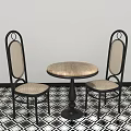 Round Dining Table Set With Black Frame Chairs Light Colored Seats On Geometric Tiles 3d model
