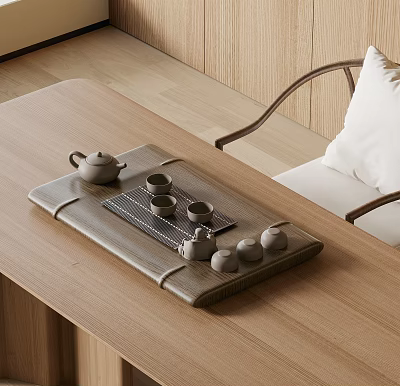 Natural Style Tea Set With Teapot Tea Cups And Small Caddies On Wooden Tray 3d model