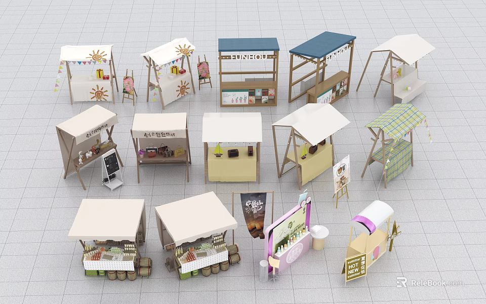 Various Design Outdoor Vending Stalls With Canopies Display Shelves And Mobile Carts 3d model 