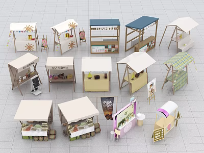Various Design Outdoor Vending Stalls With Canopies Display Shelves And Mobile Carts 3d model