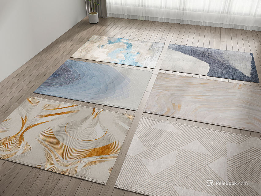 Square Rugs with Modern Abstract Patterns in Blue Beige and Gold Tones on Wooden Floor 3d model 