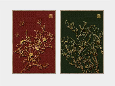Red And Green Background Decorative Paintings With Golden Floral Butterflies And Seal 3d model