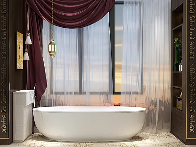 Sleek White Bathtub In Modern Bathroom With Large Window And Elegant Curtains 3d model