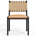 Modern Single Chair With Woven Backrest Black Wooden Frame And Light Brown Leather Seat