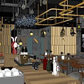 Cozy Restaurant Interior Design With Wooden Bar Counter Hanging Chandelier And Tables Chairs