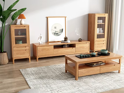Natural Wooden TV Stand With Display Cabinets Coffee Table Decorative Painting And Green Plant Accents 3d model