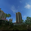 Plants Around Tall Buildings With Palm Trees Purple Flowers And Lotus Leaves Under Blue Sky