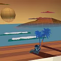 Cartoon Sunset Beach Scene with Yellow Sun Red Clouds Blue Sea Waves and Palm Trees