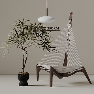 poliform modern leisure chair solid wood chair chandelier plant potted plant 3d model