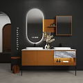 Modern Bathroom Vanity With Orange Cabinet Backlit Mirror And Marble Accents