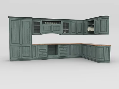 Dark Green L Shaped Kitchen Cabinets With Glass Doors And Wooden Countertop 3d model