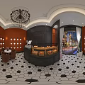 Modern Dessert Shop Interior With Orange Walls Chandelier Cactus Hexagonal Tiles Dessert Displays Pink Decor