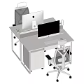 Modern Office Desk With Dual Monitors Mesh Chair And White Desktop