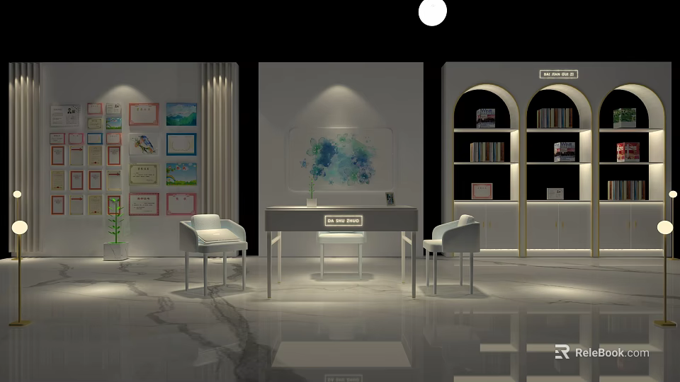 Modern Desk Interior With Two Chairs Bookshelf Wall Decorative Paintings And White Gray Tones 3d model 