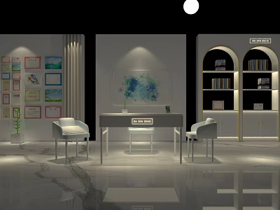 Modern Desk Interior With Two Chairs Bookshelf Wall Decorative Paintings And White Gray Tones 3d model