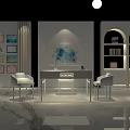 Modern Desk Interior With Two Chairs Bookshelf Wall Decorative Paintings And White Gray Tones