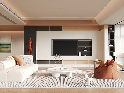 Modern Living Room Interior Design With White Sofa Round Coffee Table And Orange Armchair 3d model