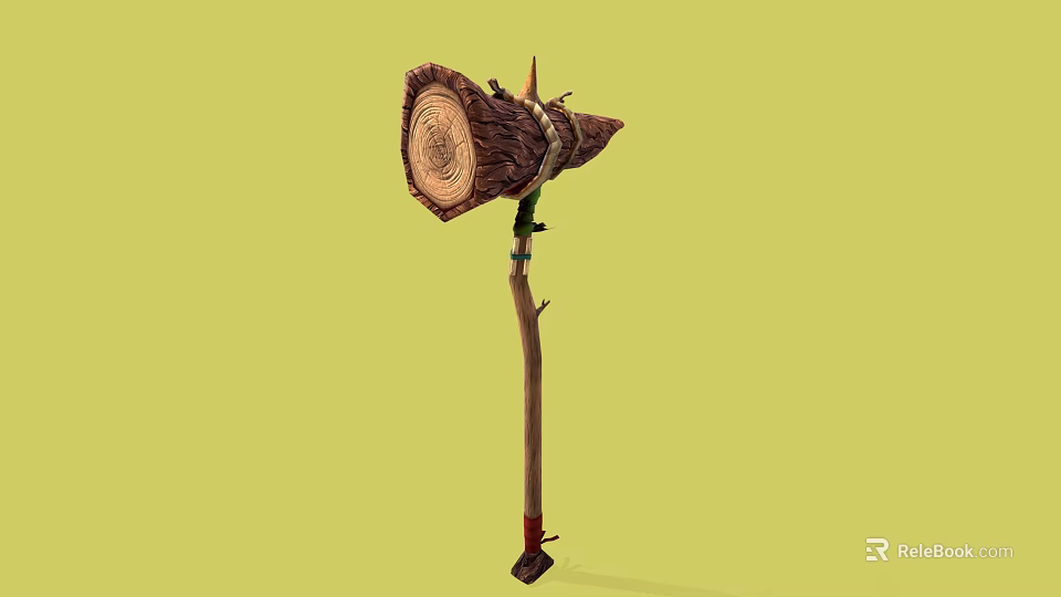 Log Headed Battle Axe With Wooden Handle Spikes Green Decorations And Red Base On Yellow Background 3d model 