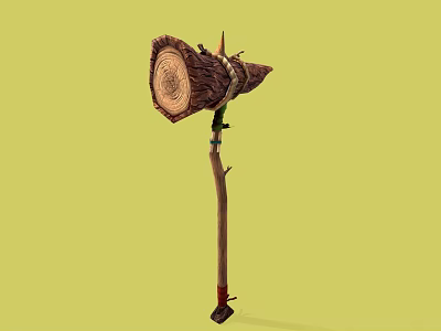 Log Headed Battle Axe With Wooden Handle Spikes Green Decorations And Red Base On Yellow Background 3d model
