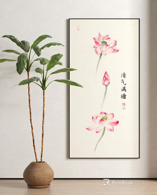 Traditional Chinese Plant Painting With Pink Lotus Flowers And Green Plant Wall Decor 3d model 