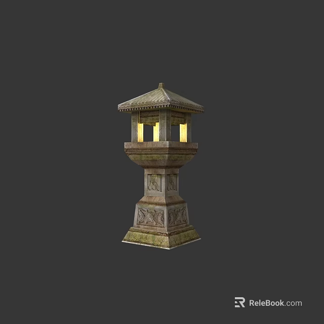 Traditional Outdoor Lantern With Stone Carved Base And Illuminated Yellow Light 3d model 