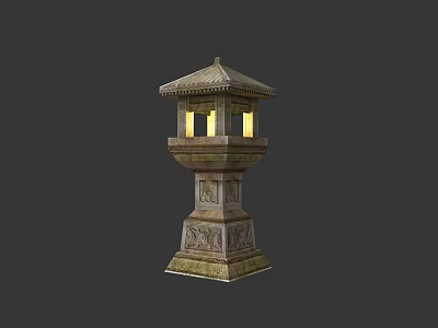 Traditional Outdoor Lantern With Stone Carved Base And Illuminated Yellow Light 3d model