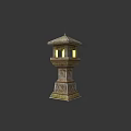 Traditional Outdoor Lantern With Stone Carved Base And Illuminated Yellow Light