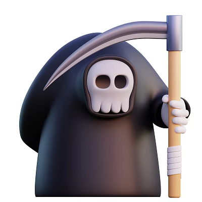 Cartoon Grim Reaper Game Character With Skull Mask Black Cloak And Wooden Scythe 3d model