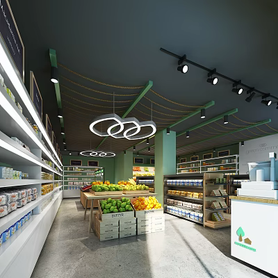 Spacious Supermarket Interior With Shelves Fresh Fruits Hanging Lights And Grocery Products 3d model