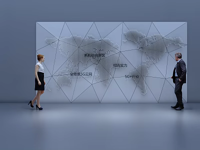 Building Exterior Wall With Dotted World Map Pattern And Two People Standing On Both Sides 3d model