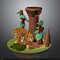 Leopard Standing on Green Grass Near Trees and Red Tower Structure 3d model
