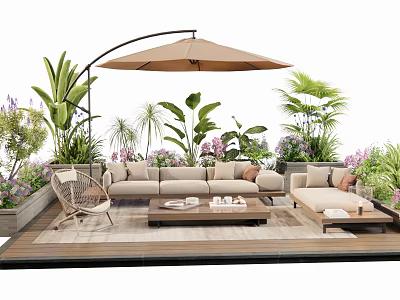 Outdoor Sofa Set on Patio with Sunshade Lush Green Plants and Coffee Table 3d model