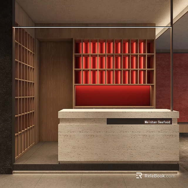Modern Hot Pot Restaurant Interior With Wooden Decor And Red Accents 3d model 