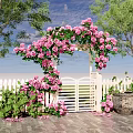 Garden Entrance Gate Decorated With Pink Roses Green Vines And Archway