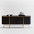 Modern TV Stand With Gold Frame Black Top White Drawers Red Flowers And Decorations