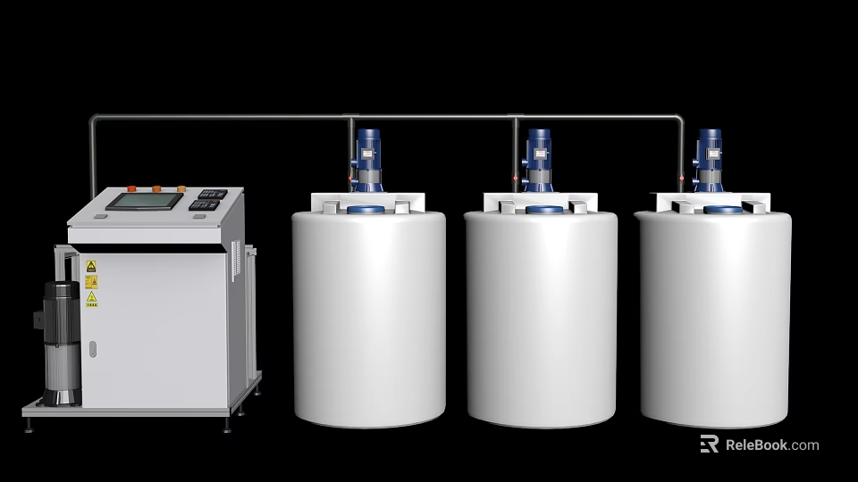 Industrial Processing Equipment With Three Cylindrical Tanks Blue Top Units And Control Panel 3d model 