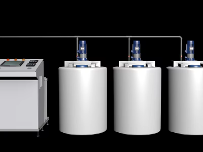 Industrial Processing Equipment With Three Cylindrical Tanks Blue Top Units And Control Panel 3d model