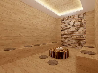 Shower Sauna Interior Design With Wooden Walls Stone Wall And Circular Stone Mats 3d model